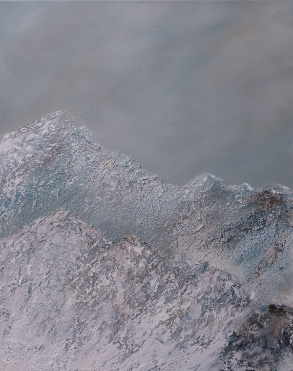Atmospheric mountain landscape painting with mist and serene tones