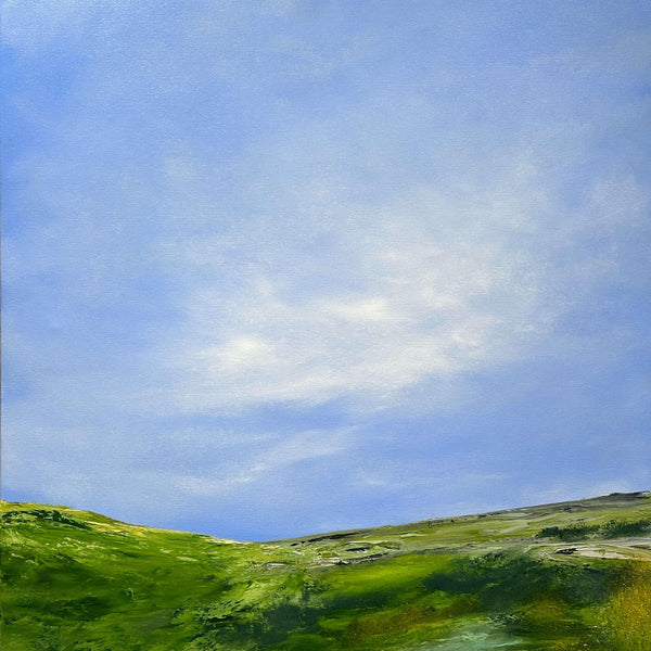 Modern impressionist landscape painting of green and yellow hills with a pond and sweeping white clouds against a blue sky.