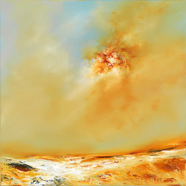 Abstract coastal painting with warm colors and a textured surface
