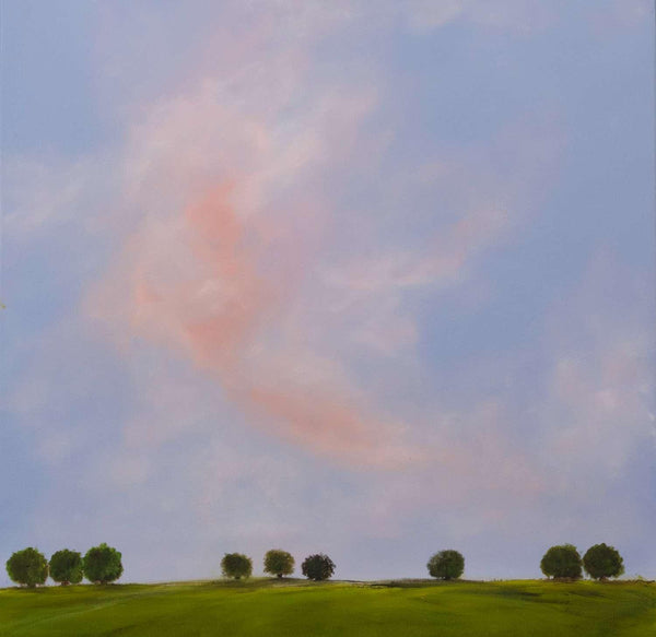 Expansive sky artwork with warm pink-orange clouds above trees/