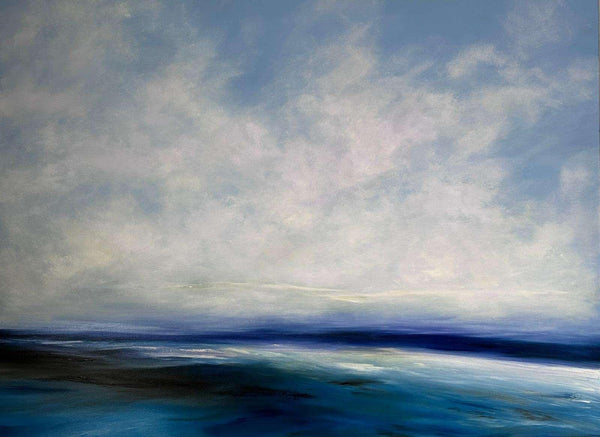 Large abstract painting of a sea with rolling waves and large clouds