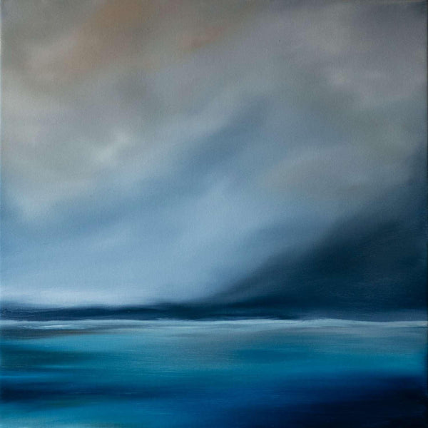 Misty night sea painting with cliffs and moonlight filtering through clouds.