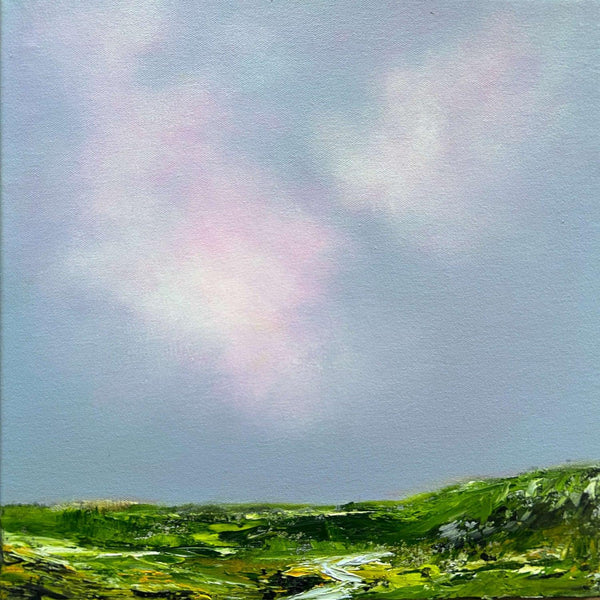 Painting of a landscape with green hills and a blue grey sky with pinkish clouds.
