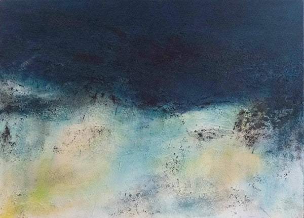 Abstract art with blue, green, and beige colors on a dark background