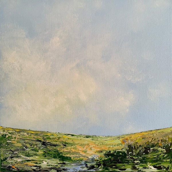 Landscape painting with a cloudy sky and green yellow valley