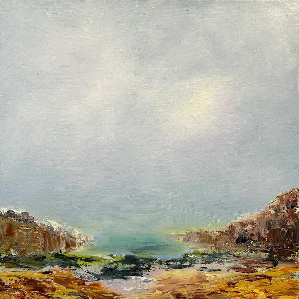 Painting of a coastal landscape with rocky cliffs and cove with misty sky.