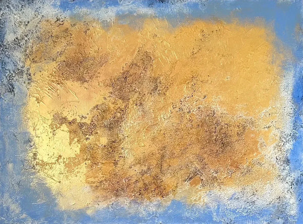 Contemporary abstract painting by Guy Trinquet with gold and blue, inspired by treasure maps