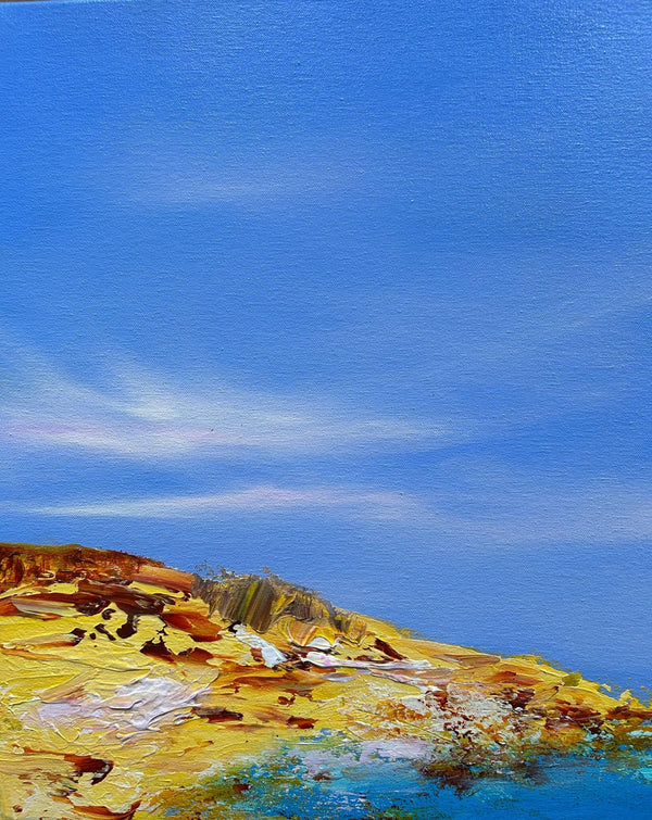 Mediterranean-inspired painting of a coastal landscape with a blue sky and yellow cliffs 
