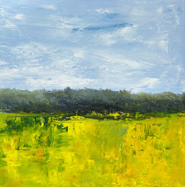 Abstract painting of yellow jonquilles in field under blue sky