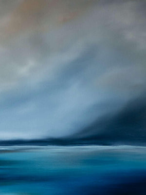 Misty night sea painting with cliffs and moonlight filtering through clouds.