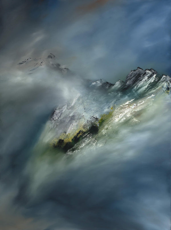 Abstract painting of a mountain landscape with blue, grey and green tones
