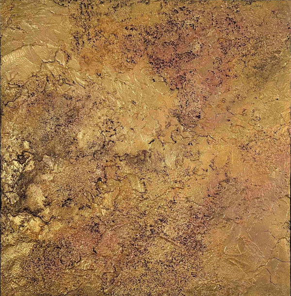 Abstract painting of textured gold surface with a rough, uneven pattern