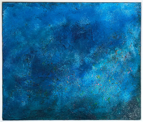 Abstract relaxing blue painting with textured surface reminiscent of light streaming through the ocean
